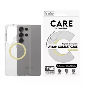 PanzerGlass CARE™ by ® Urban Combat Case Skaidrus su Chardonnay, Qi suderinamas, Samsung Galaxy S25 Ultra