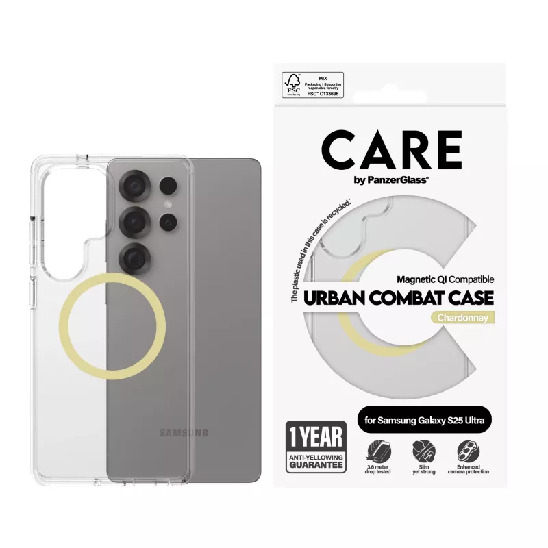 PanzerGlass CARE™ by ® Urban Combat Case Skaidrus su Chardonnay, Qi suderinamas, Samsung Galaxy S25 Ultra