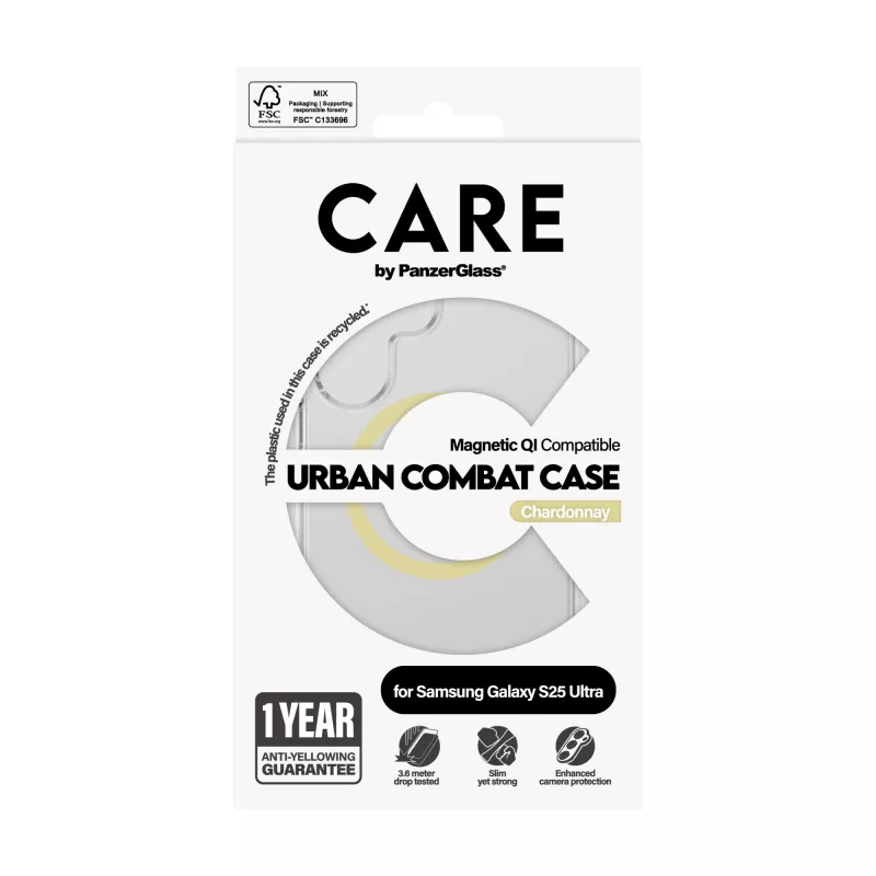 PanzerGlass CARE™ by ® Urban Combat Case Skaidrus su Chardonnay, Qi suderinamas, Samsung Galaxy S25 Ultra