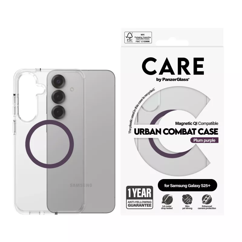 PanzerGlass CARE™ by ® Urban Combat Dėklas Skaidrus su Slyvų Purpurine Spalva, Qi Suderinamas Samsung Galaxy S25+