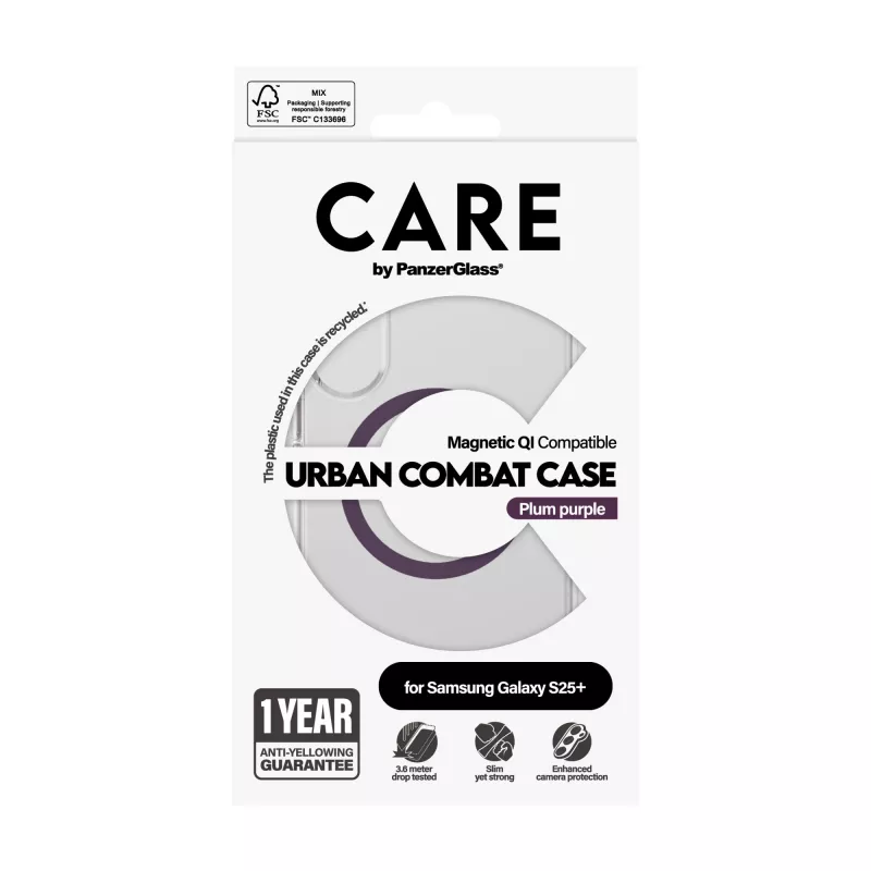 PanzerGlass CARE™ by ® Urban Combat Dėklas Skaidrus su Slyvų Purpurine Spalva, Qi Suderinamas Samsung Galaxy S25+