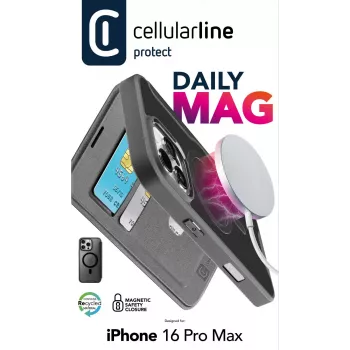 Cellularline Daily Mag - iPhone 16 Pro Max knyginis dėklas su permatoma kieta nugarėle, suderinamas su Magsafe® ekosistema