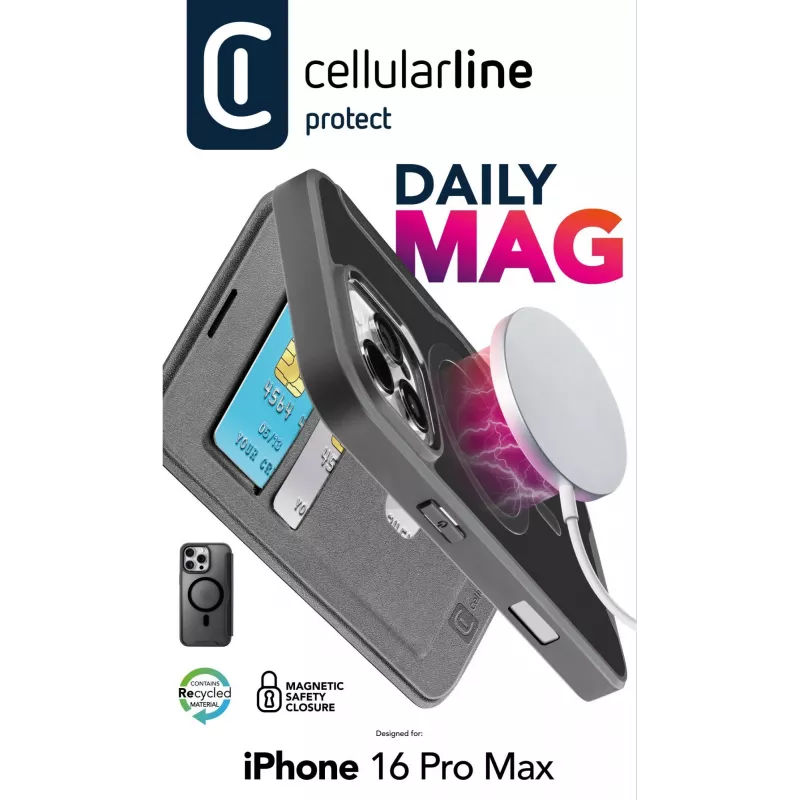 Cellularline Daily Mag - iPhone 16 Pro Max knyginis dėklas su permatoma kieta nugarėle, suderinamas su Magsafe® ekosistema