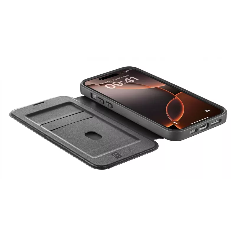 Cellularline Daily Mag - iPhone 16 Pro Max knyginis dėklas su permatoma kieta nugarėle, suderinamas su Magsafe® ekosistema