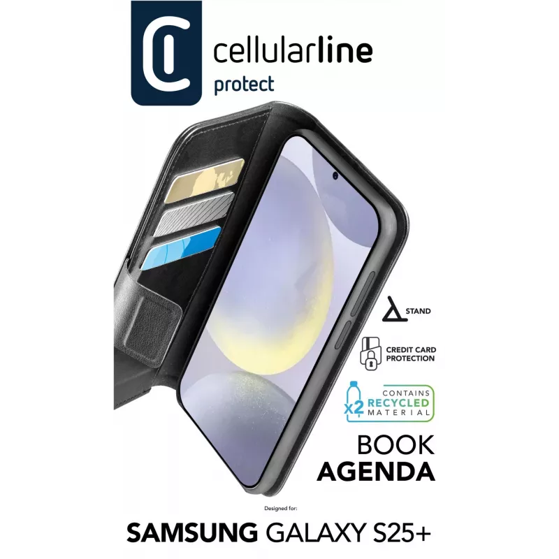 Cellularline Book Agenda dėklas Galaxy S25+ su magnetiniu užsegimu ir dirbtinės odos apdaila