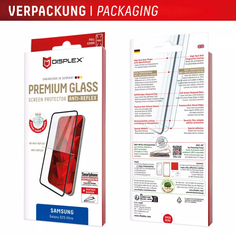 Displex Premium ekrano apsauginis stiklas (Full Cover, 10H), skirtas Samsung Galaxy S25 Ultra, su EASY-ON® Eco montavimo rėmeliu
