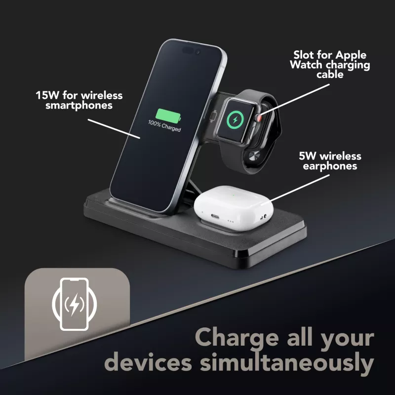Tech Pop belaidė įkrovimo stotelė Smartwatch/Smartphone Juoda