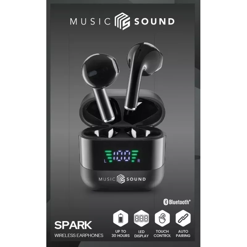 Music Sound SPARK Belaidės ausinės su LED ekranu