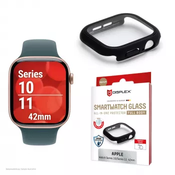 Displex 10H grūdintas stiklas Apple Watch 11/10 (42 mm) su viso korpuso dėklu, IP68, užsegamas, juodas matinis