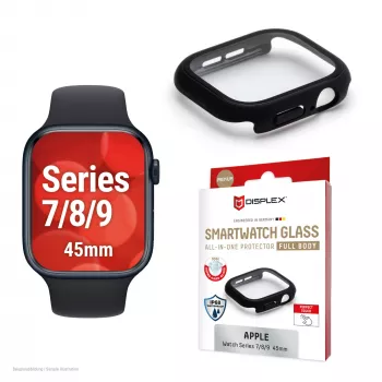 Displex 10H grūdintas stiklas Apple Watch 9/8/7 (45mm), pilnas korpuso dėklas, IP68, užsegamas, juodas matinis