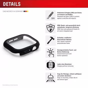 Displex 10H grūdintas stiklas Apple Watch 9/8/7 (45mm), pilnas korpuso dėklas, IP68, užsegamas, juodas matinis