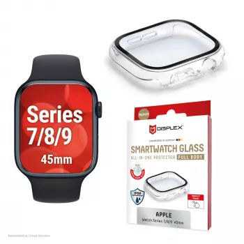 Apsauginis stiklas PanzerGlass Displex 10H, skirtas Apple Watch 9/8/7 45 mm, viso korpuso grūdintas stiklas, IP68, užsegamas, permatomas