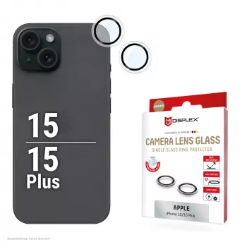 Displex Premium kameros stiklo apsauga, iPhone 15/15 Plus, 10H, viengubas žiedas, DLC, permatoma, Quick Mount
