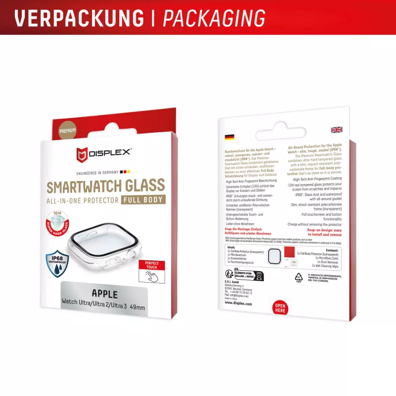 PanzerGlass Displex 10H apsauginis stiklas Apple Watch Ultra 3 / Ultra 2 / Ultra (49 mm) — viso korpuso, IP68, užsegamas, permatomas
