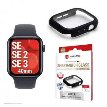 PanzerGlass Displex 10H apsauginis stiklas Apple Watch SE3/SE2/SE (40 mm) — pilnas korpusas, IP68, užsegamas, juodas matinis