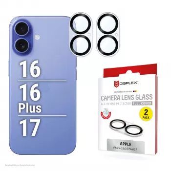 Displex Full Cover Camera Lens Glass iPhone 16/16 Plus/17, 10H, Viso fotoaparato apsauga, Greitas montavimas, 2 vnt.