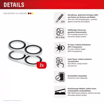 Displex Full Cover Camera Lens Glass iPhone 16/16 Plus/17, 10H, Viso fotoaparato apsauga, Greitas montavimas, 2 vnt.