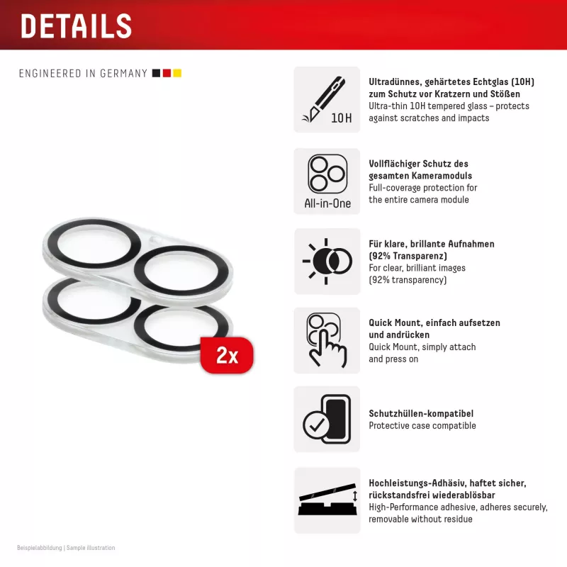 Displex Full Cover Camera Lens Glass iPhone 16/16 Plus/17, 10H, Viso fotoaparato apsauga, Greitas montavimas, 2 vnt.