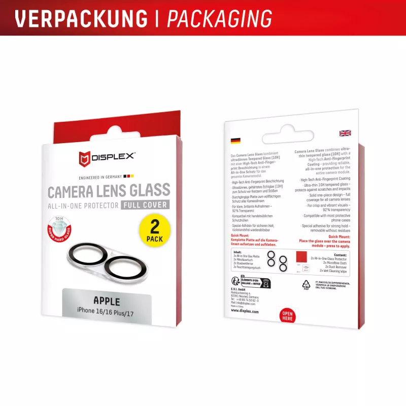 Displex Full Cover Camera Lens Glass iPhone 16/16 Plus/17, 10H, Viso fotoaparato apsauga, Greitas montavimas, 2 vnt.