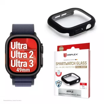 Apsauginis stiklas PanzerGlass Displex 10H, skirtas Apple Watch Ultra 3/Ultra 2/Ultra (49 mm), viso korpuso, IP68, užspaudžiamas, juodas matinis