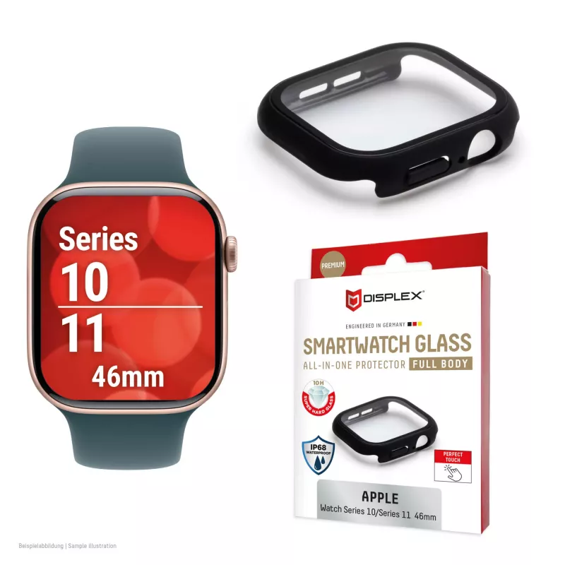 Displex 10H grūdintas stiklas Apple Watch 11/10 (46 mm), pilnas korpuso dangtelis, IP68, užsegamas, juodas matinis