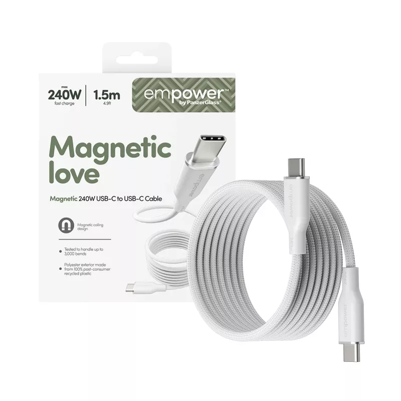 PanzerGlass empower™ by ® Magnetic 240W USB-C į USB-C laidas | USB 2.0 | 1,5 m | sidabriškai baltas
