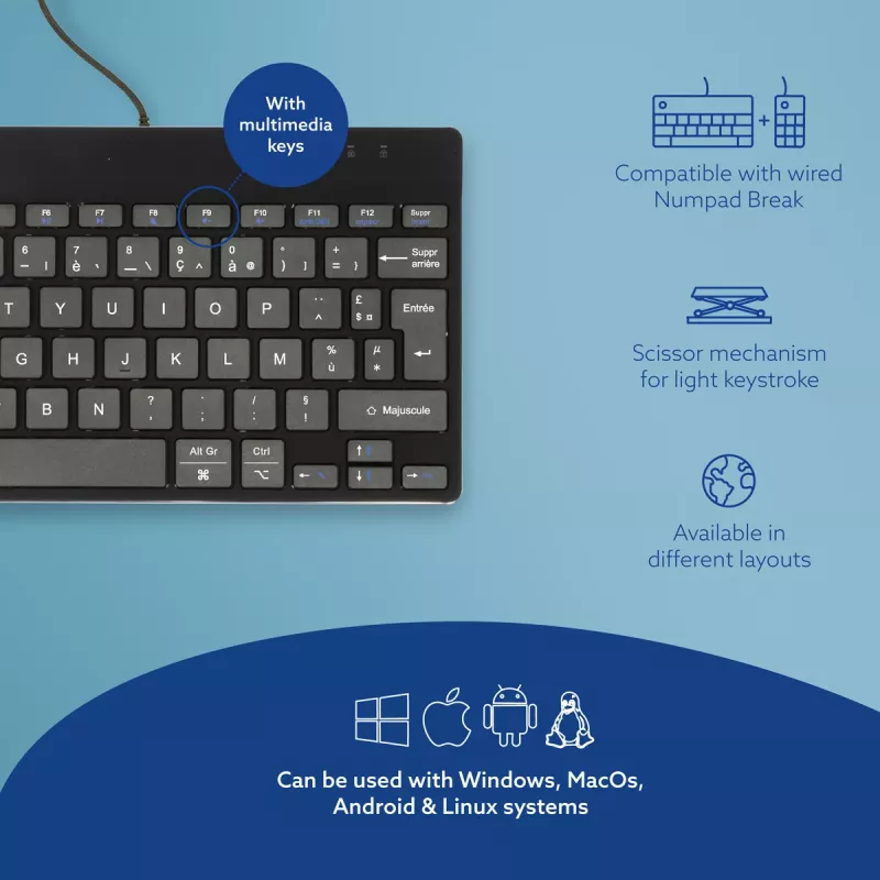 Ergonominė klaviatūra R-Go Compact Break, kompaktiška su pertraukų programine įranga, AZERTY (FR), laidinė, juoda