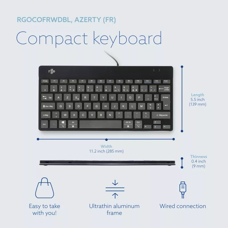 Ergonominė klaviatūra R-Go Compact Break, kompaktiška su pertraukų programine įranga, AZERTY (FR), laidinė, juoda