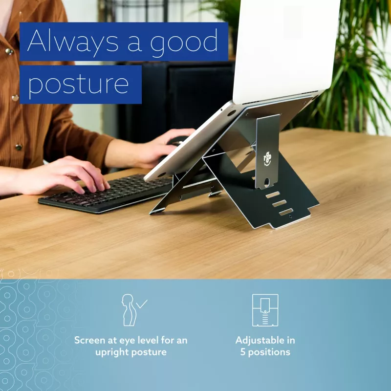 R-Go Tools stovo nešiojamam kompiuteriui R-Go Riser Flexible, reguliuojamas sulankstomas stovas, ergonomiškas, Hylite aliuminis, juodas