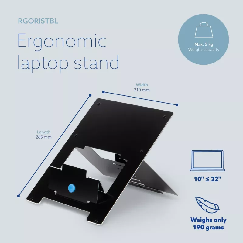R-Go Tools stovo nešiojamam kompiuteriui R-Go Riser Flexible, reguliuojamas sulankstomas stovas, ergonomiškas, Hylite aliuminis, juodas
