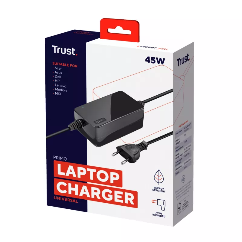 Trust Primo 45 W universalus nešiojamojo kompiuterio maitinimo adapteris, juodas