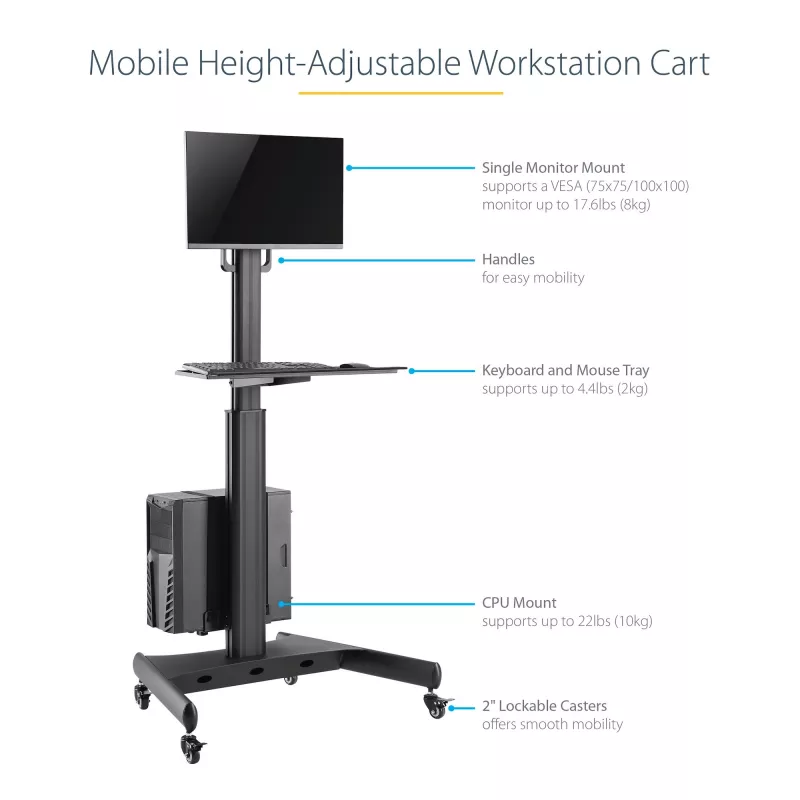 StarTech.com Mobilioji darbo stotelė su monitoriaus laikikliu, CPU/PC laikikliu, klaviatūros lentyna - ergonomiškas reguliuojamo aukščio stalas ant ratukų