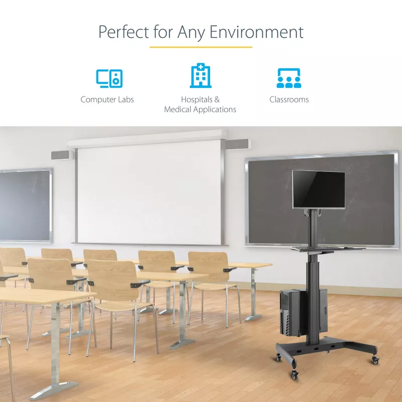 StarTech.com Mobilioji darbo stotelė su monitoriaus laikikliu, CPU/PC laikikliu, klaviatūros lentyna - ergonomiškas reguliuojamo aukščio stalas ant ratukų