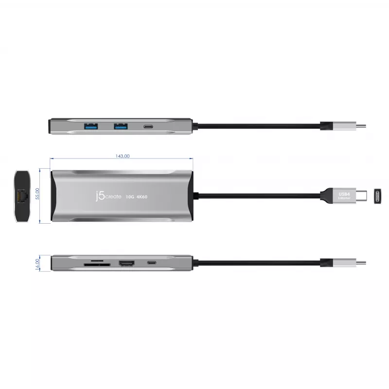 j5create JCD393 4K60 Elite USB-C® 10Gbps Mini Dock, Pilka