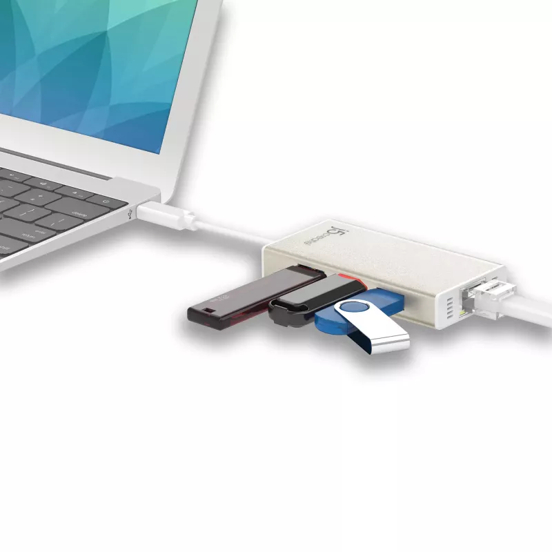 j5create JCH471 USB-C™ Gigabit Ethernet ir USB stotelės adapteris, metalinis šampano