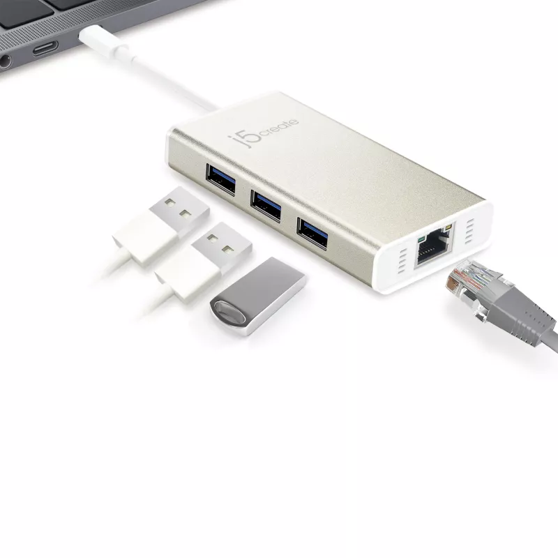 j5create JCH471 USB-C™ Gigabit Ethernet ir USB stotelės adapteris, metalinis šampano