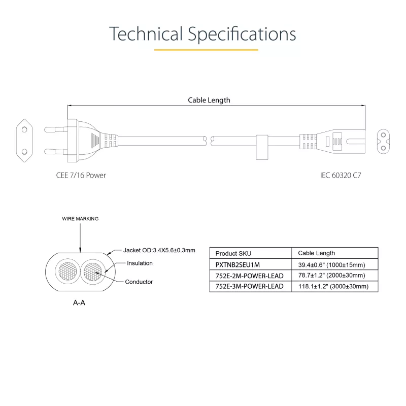 StarTech.com 3m maitinimo laidas nešiojamam kompiuteriui, EU kištukas į C7, 2.5A 250V, 18AWG, juodas