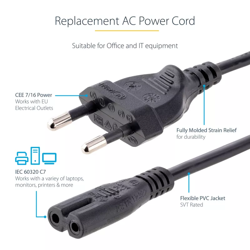 StarTech.com 3m maitinimo laidas nešiojamam kompiuteriui, EU kištukas į C7, 2.5A 250V, 18AWG, juodas