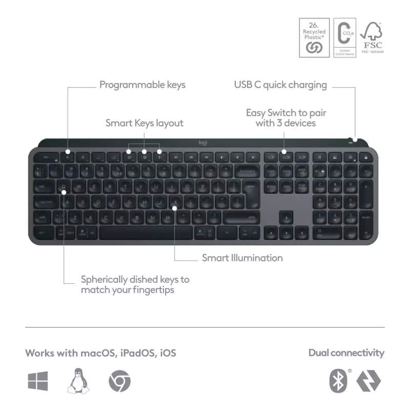 Logitech MX Keys S belgiška AZERTY klaviatura, RF belaidė + Bluetooth, grafito spalva