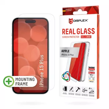 Displex apsauginis stiklas + dėklas Apple iPhone 15 Plus, su EASY-ON® Eco montavimo rėmeliu, atsparus įbrėžimams