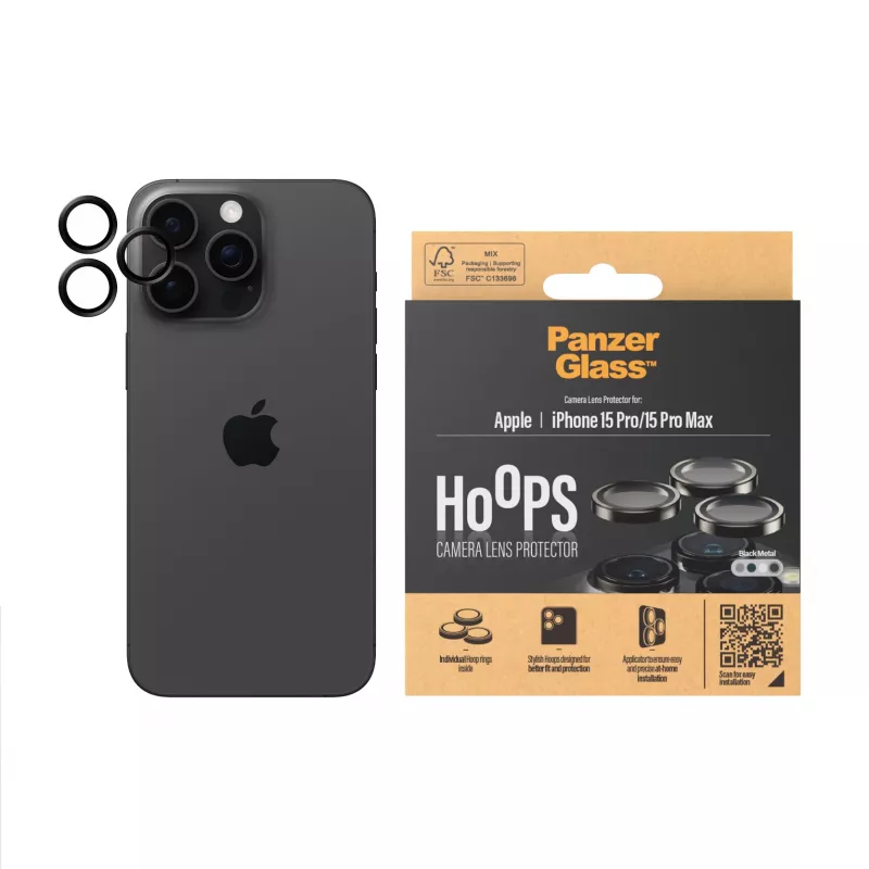 PanzerGlass® Hoops® Metalinis fotoaparato lęšio apsauginis žiedas juodas, skirtas iPhone 15 Pro / 15 Pro Max