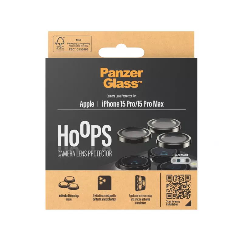 PanzerGlass® Hoops® Metalinis fotoaparato lęšio apsauginis žiedas juodas, skirtas iPhone 15 Pro / 15 Pro Max