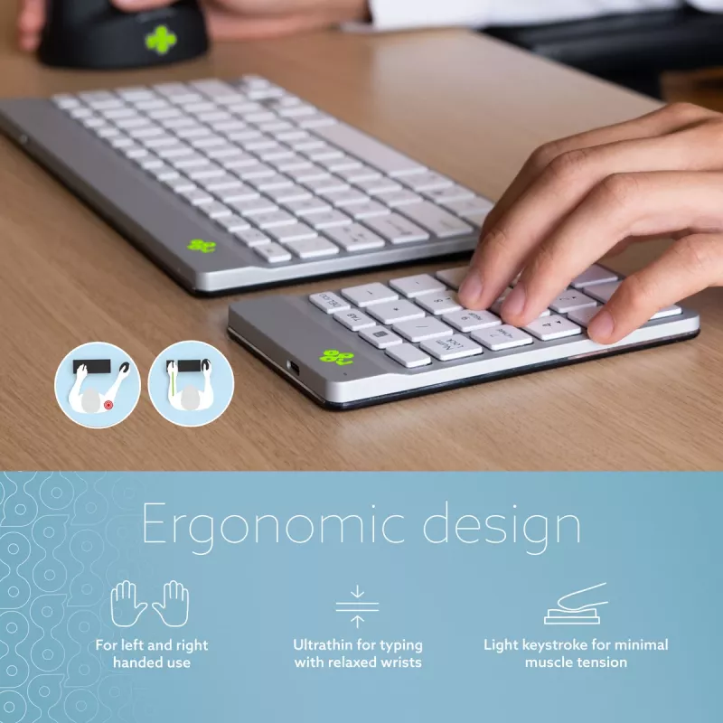 R-Go Tools Numpad Break ergonominis skaitmeninis blokas su pertraukų programine įranga, Bluetooth, baltas