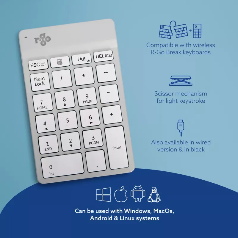 R-Go Tools Numpad Break ergonominis skaitmeninis blokas su pertraukų programine įranga, Bluetooth, baltas