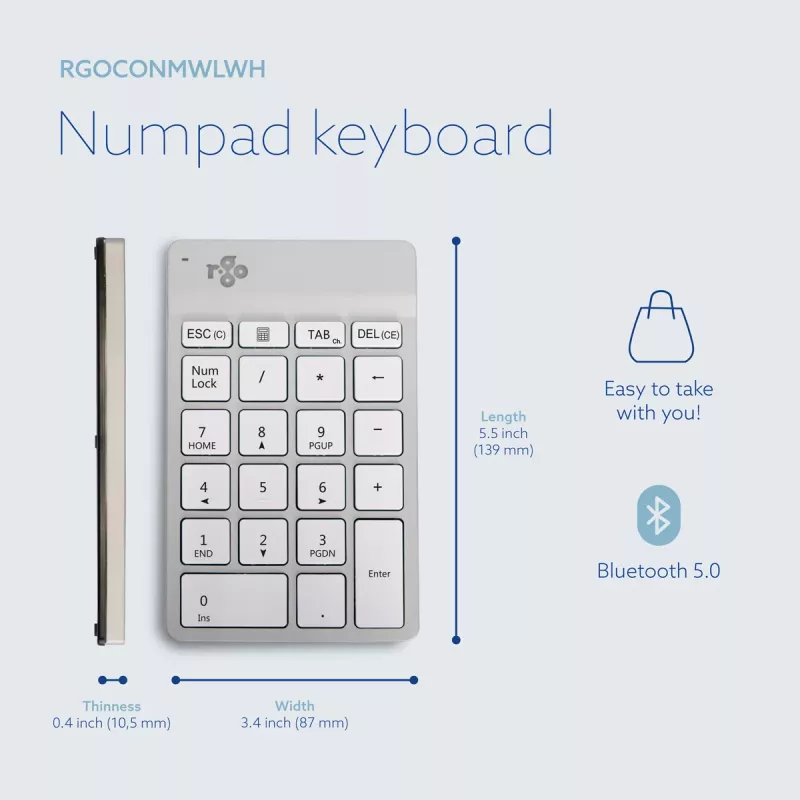R-Go Tools Numpad Break ergonominis skaitmeninis blokas su pertraukų programine įranga, Bluetooth, baltas