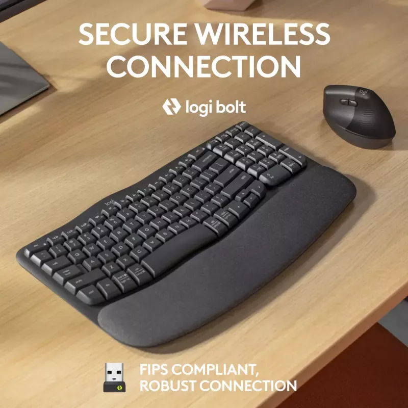 Belaidė ergonominė klaviatūra Logitech Wave Keys for Business, pilno dydžio