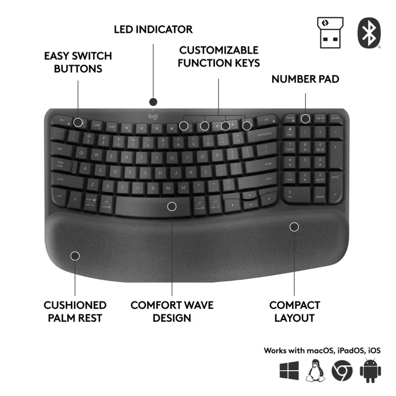Belaidė ergonominė klaviatūra Logitech Wave Keys for Business, pilno dydžio