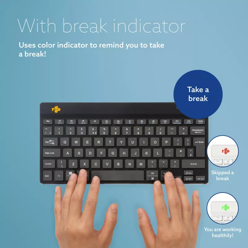 Ergonominė klaviatūra R-Go Compact Break, kompaktiška su pertraukų programine įranga, QWERTZ (DE), Bluetooth, juoda