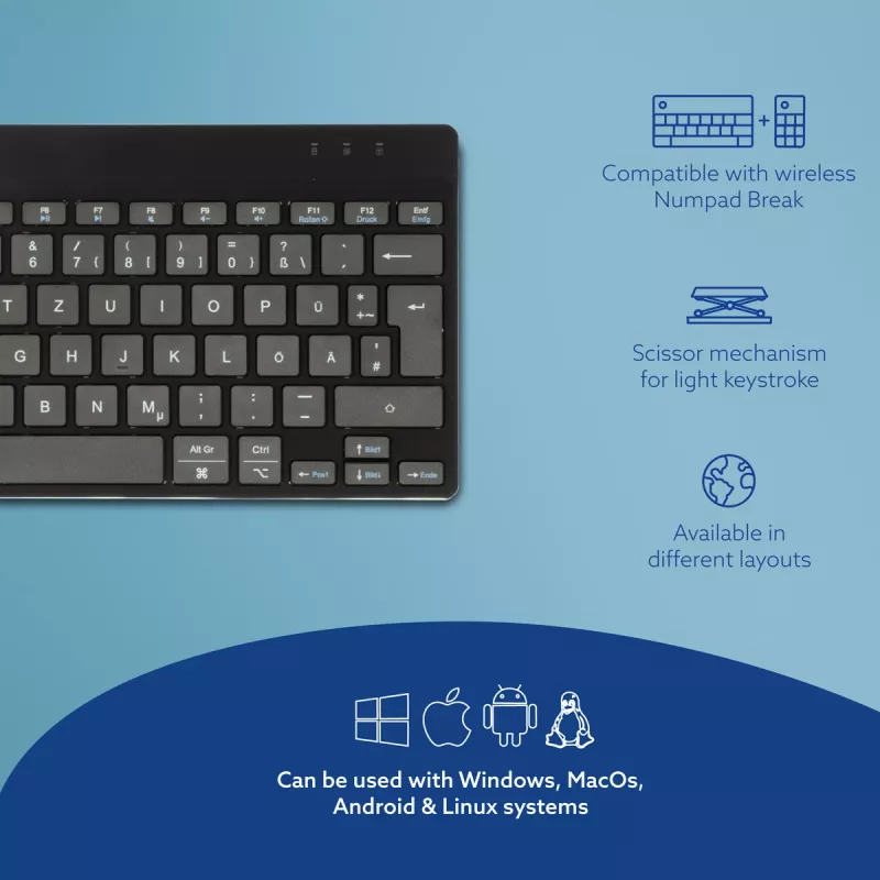 Ergonominė klaviatūra R-Go Compact Break, kompaktiška su pertraukų programine įranga, QWERTZ (DE), Bluetooth, juoda