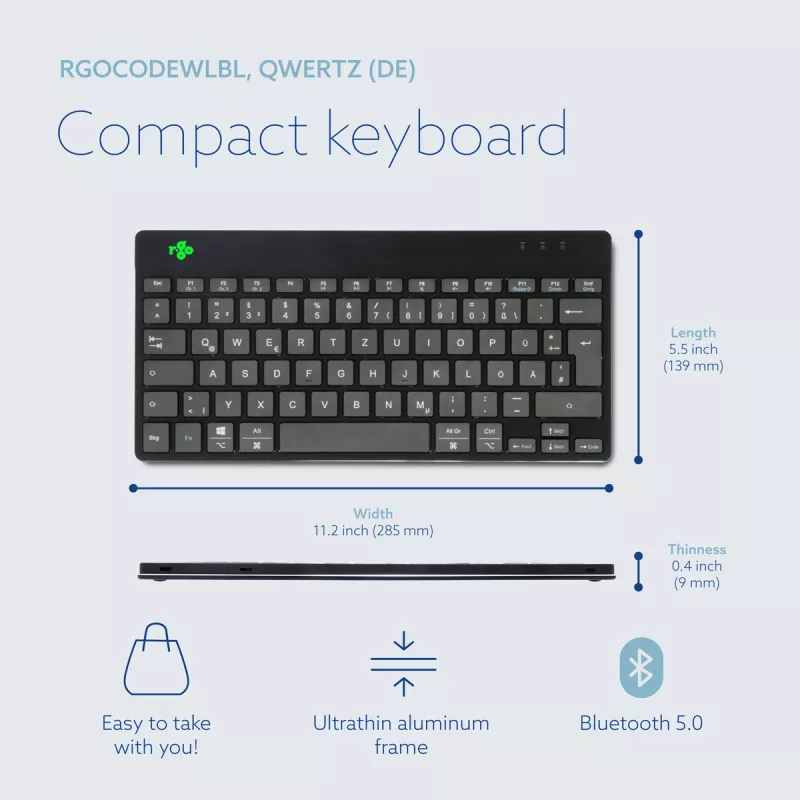 Ergonominė klaviatūra R-Go Compact Break, kompaktiška su pertraukų programine įranga, QWERTZ (DE), Bluetooth, juoda